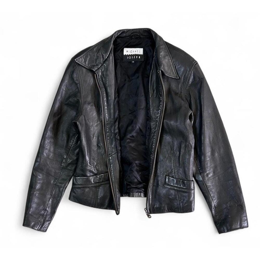 Vintage Michael Joseph Women’s Genuine Leather Black Bomber Zip Jacket Size M - Picture 3 of 8